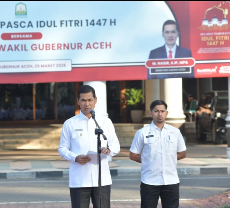 Sekretaris Daerah Aceh, M. Nasir saat menyampaikan arahan pada apel pasca Idul Fitri 1447 H di lingkungan Pemerintah Aceh, Rabu (25/3/2026). Foto: (Humas Aceh).